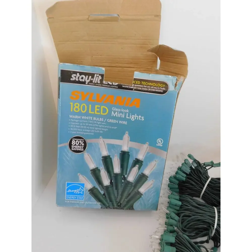 Sylvania Stay-Lit 180 LED Glass-Look Mini Lights Warm White & Green Wire